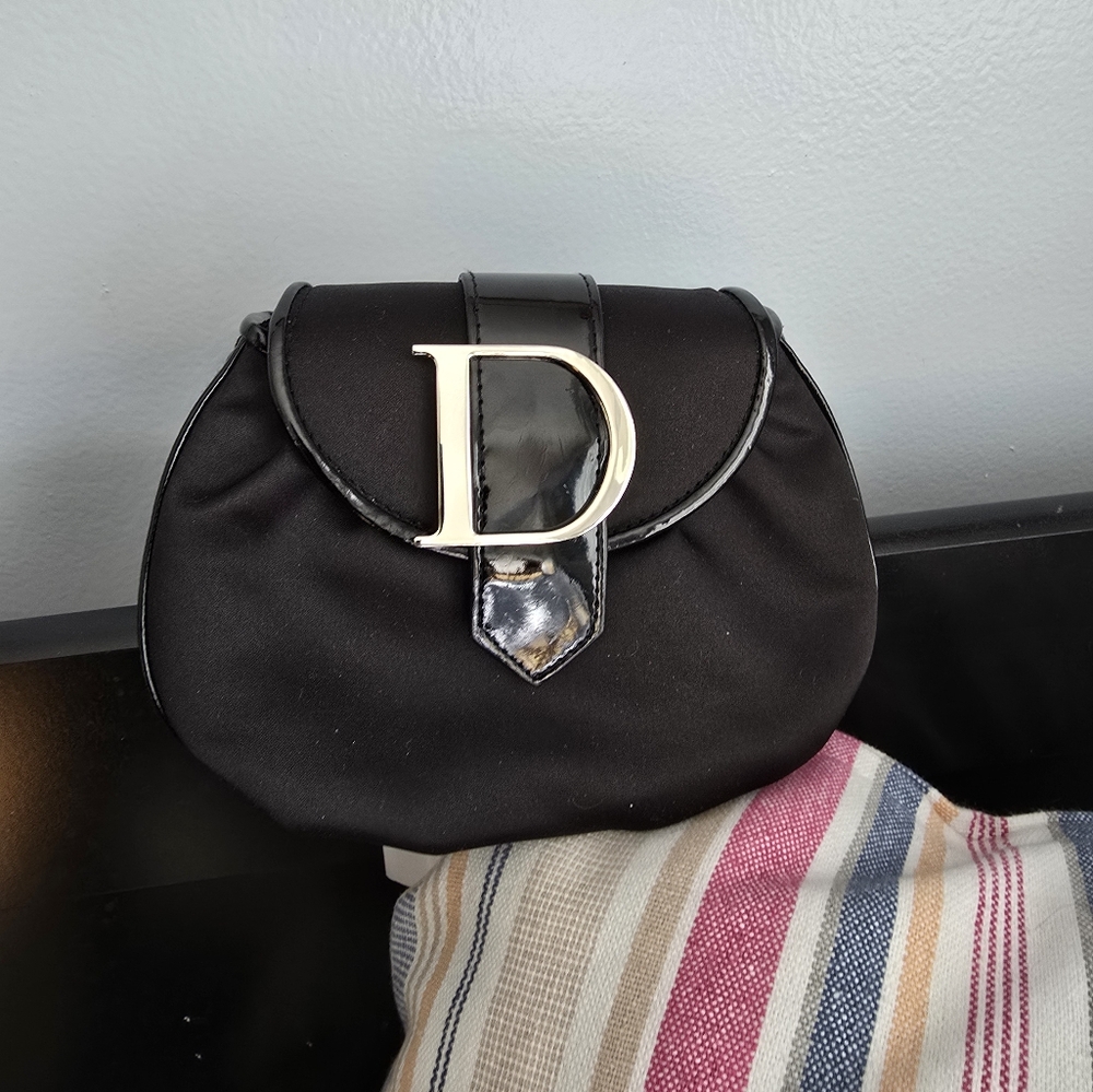 CHRISTIAN DIOR Black Satin Clutch Travel Bag Cosmetic Pouch Patent Leather Snap